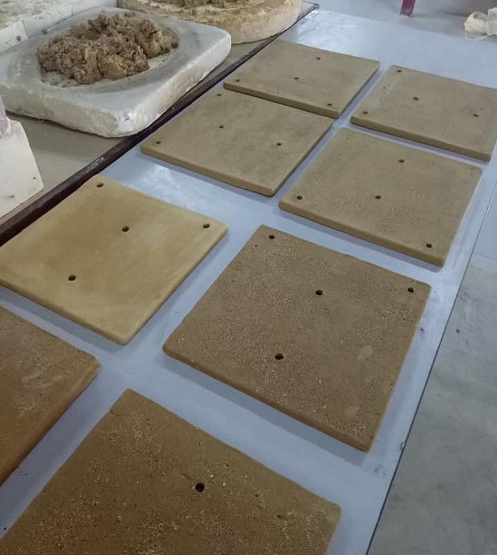 Porous ceramic coral-rehabilitation tiles laid out in production