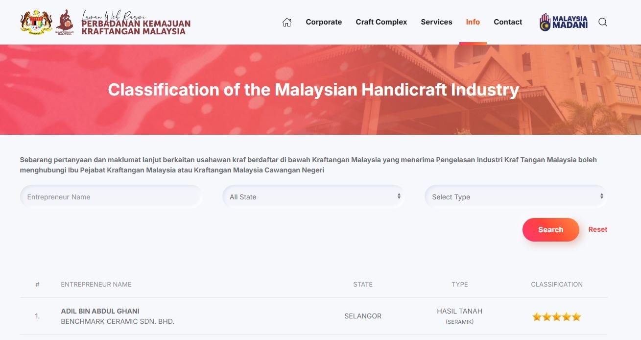 Official Kraftangan Malaysia listing showing Benchmark Ceramic Sdn Bhd with a 5-star classification